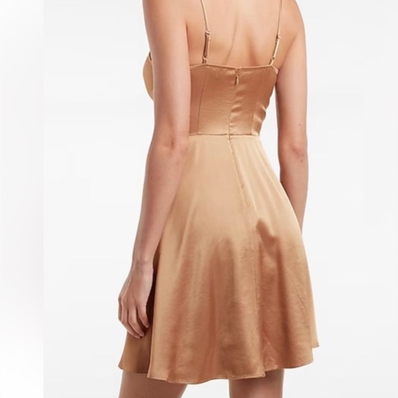 NWT Express Satin Wrap Fit and Flare Dress - Size Medium, Bronze/Gold - Picture 2 of 9